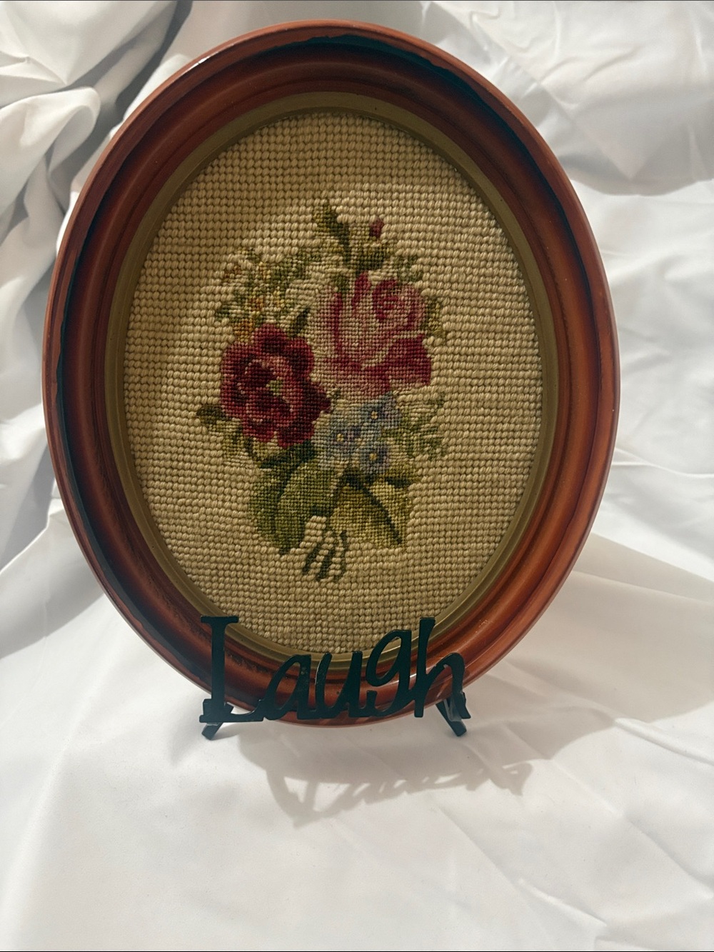 Vintage Floral Needlepoint Wall Art in Pink and Red - Unbranded